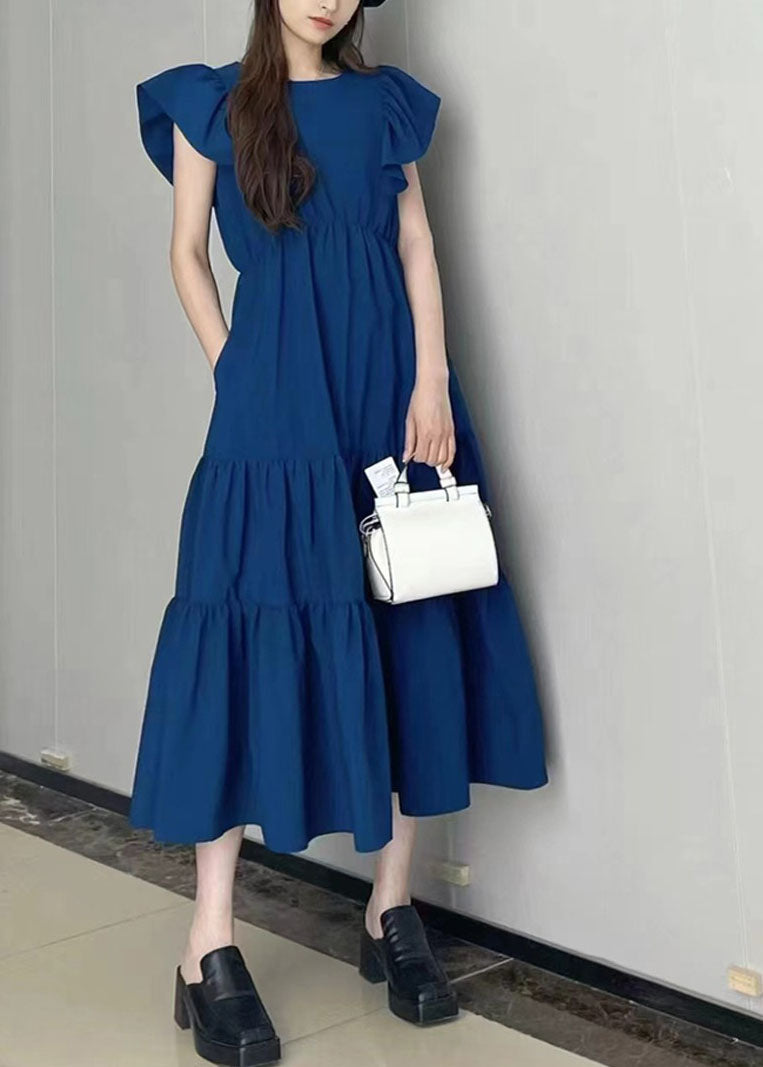 Art Navy Slim Fit Patchwork Wrinkled Cotton Long Dress Petal Sleeve LY1348 - fabuloryshop