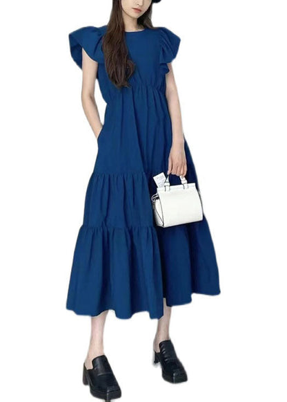 Art Navy Slim Fit Patchwork Wrinkled Cotton Long Dress Petal Sleeve LY1348 - fabuloryshop