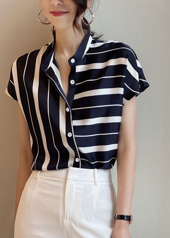 Art Navy Stand Collar Asymmetrical Striped Chiffon Top Short Sleeve LY0049 - fabuloryshop