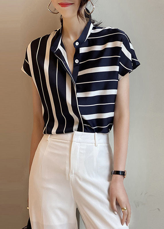 Art Navy Stand Collar Asymmetrical Striped Chiffon Top Short Sleeve LY0049 - fabuloryshop