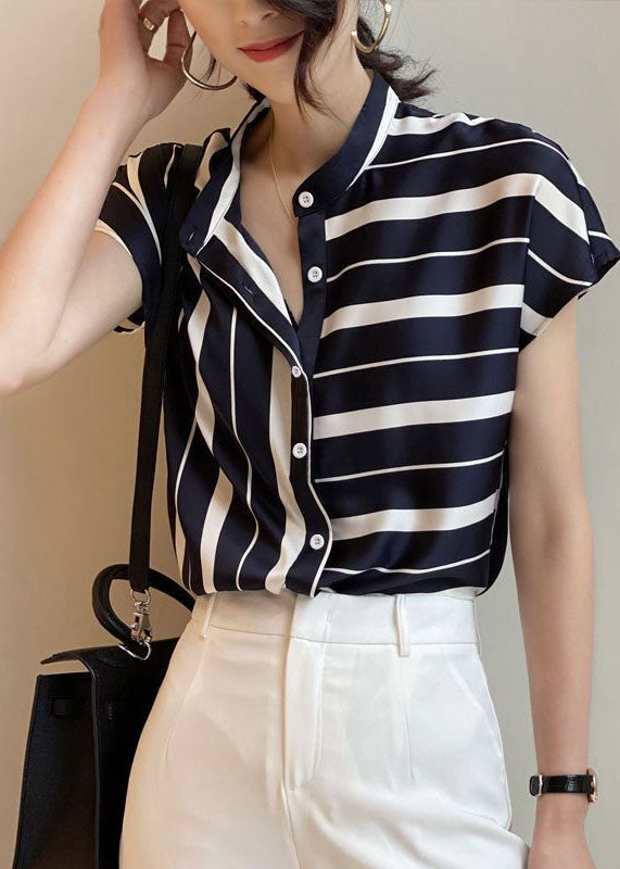 Art Navy Stand Collar Asymmetrical Striped Chiffon Top Short Sleeve LY0049 - fabuloryshop