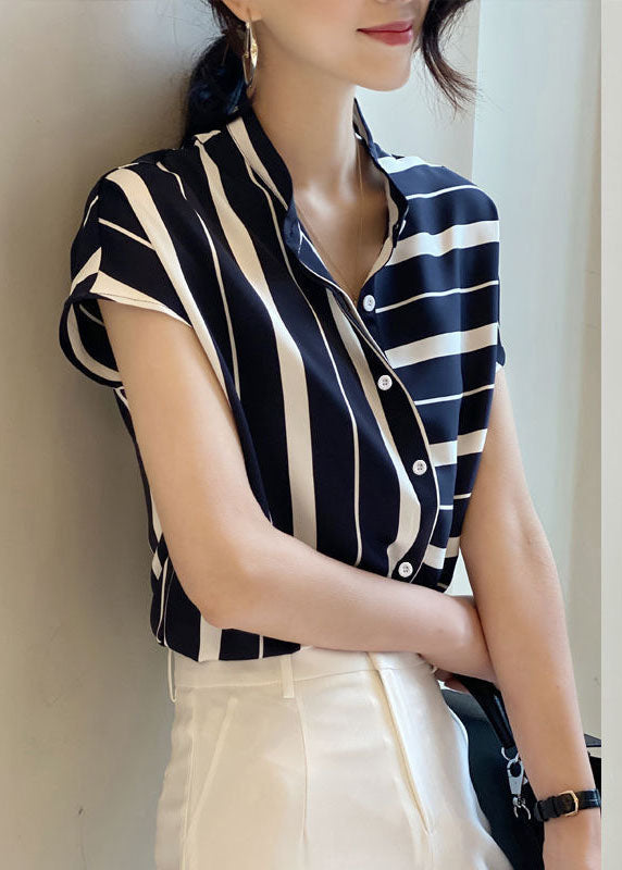 Art Navy Stand Collar Asymmetrical Striped Chiffon Top Short Sleeve LY0049 - fabuloryshop