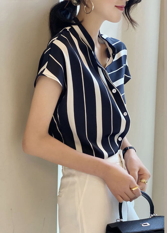 Art Navy Stand Collar Asymmetrical Striped Chiffon Top Short Sleeve LY0049 - fabuloryshop