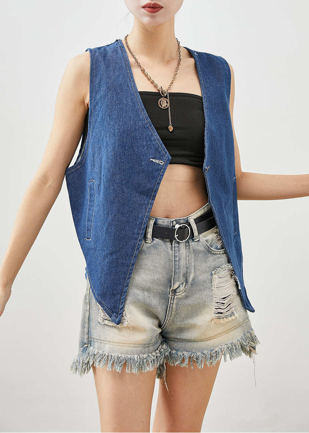 Art Navy V Neck Oversized Denim Vests Fall Ada Fashion