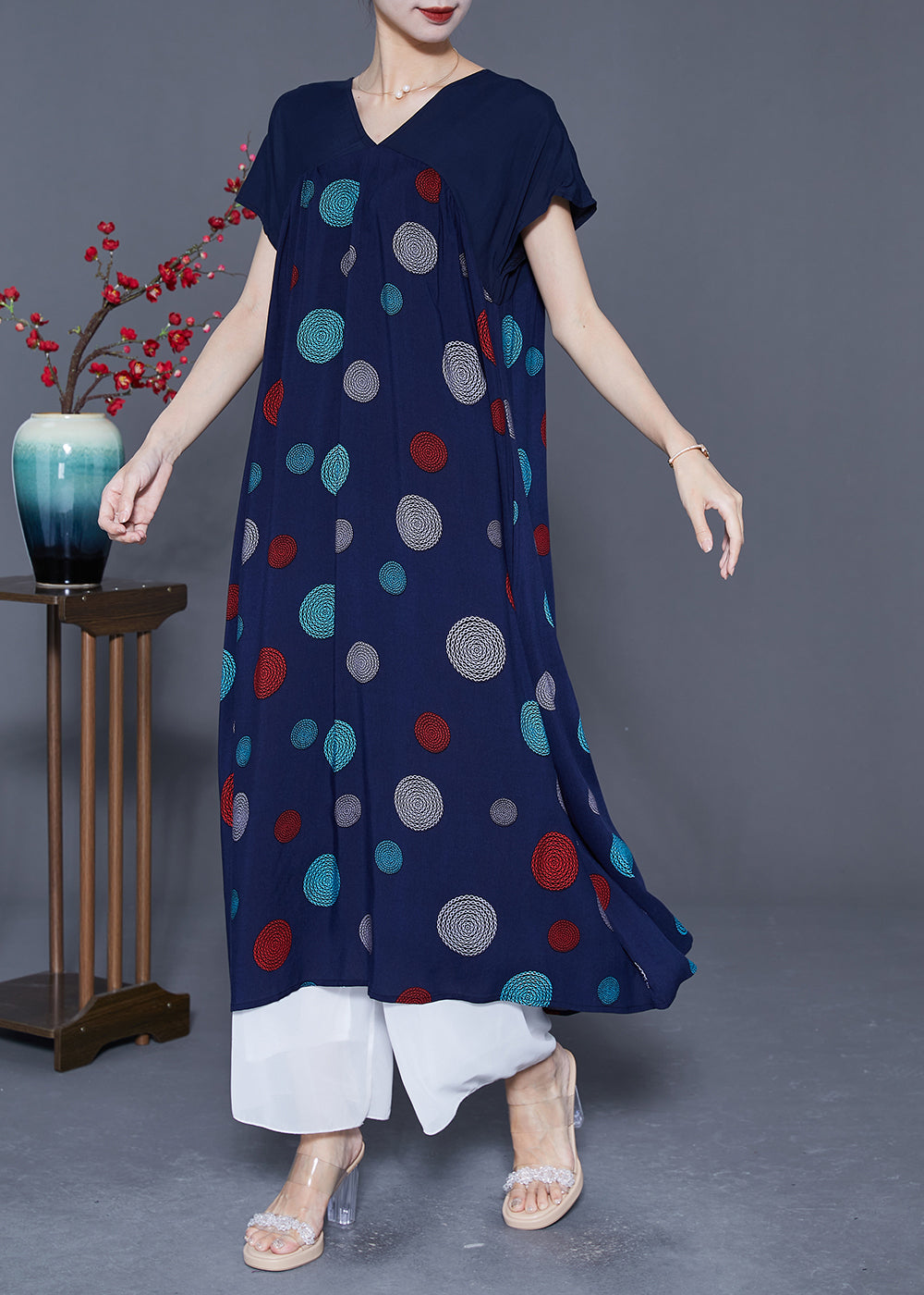 Art Navy V Neck Patchwork Print Cotton Robe Dresses Summer LY5389 - fabuloryshop