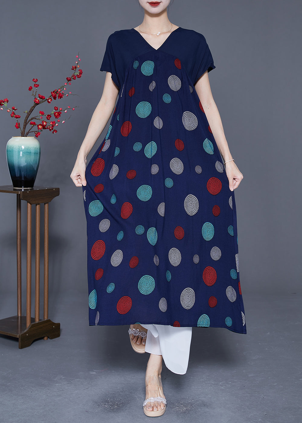 Art Navy V Neck Patchwork Print Cotton Robe Dresses Summer LY5389 - fabuloryshop