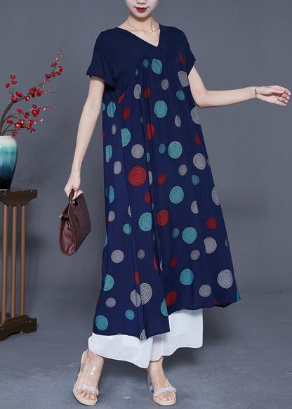 Art Navy V Neck Patchwork Print Cotton Robe Dresses Summer LY5389 - fabuloryshop