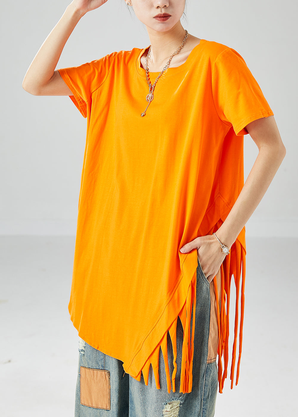 Art Orange Asymmetrical Tassel Cotton Tank Tops Summer LY6073 - fabuloryshop