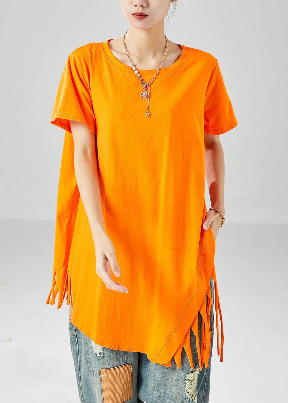 Art Orange Asymmetrical Tassel Cotton Tank Tops Summer LY6073 - fabuloryshop
