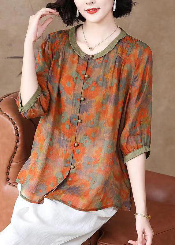 Art Orange O Neck Print Button Patchwork Linen T Shirt Top Summer TP1055 - fabuloryshop