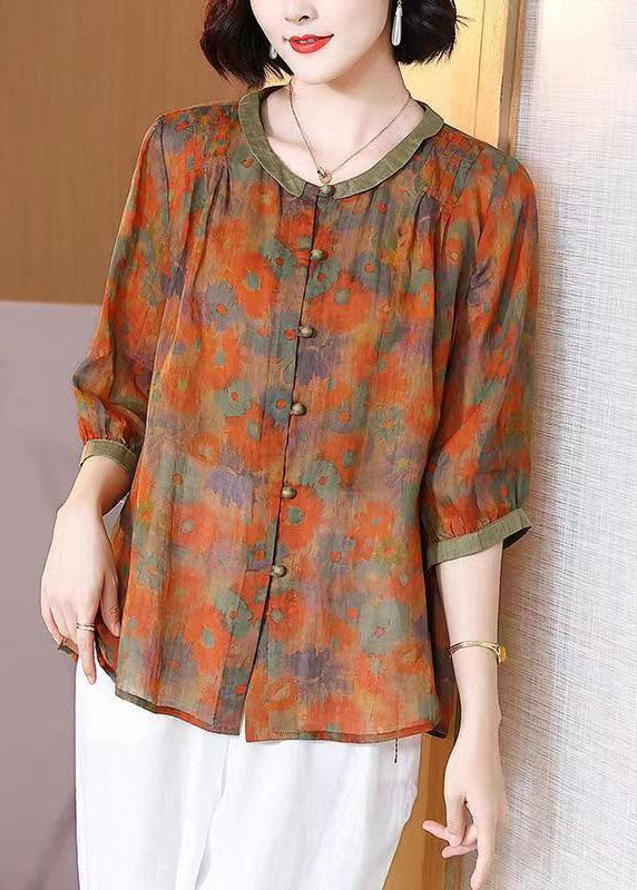 Art Orange O Neck Print Button Patchwork Linen T Shirt Top Summer TP1055