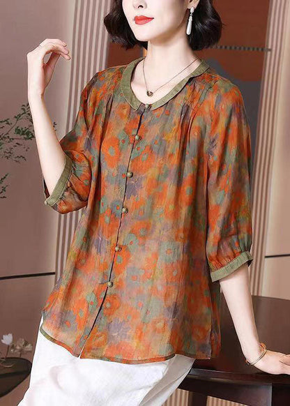 Art Orange O Neck Print Button Patchwork Linen T Shirt Top Summer TP1055 - fabuloryshop