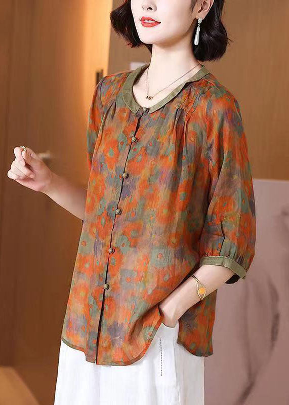 Art Orange O Neck Print Button Patchwork Linen T Shirt Top Summer TP1055 - fabuloryshop