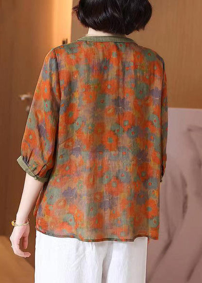 Art Orange O Neck Print Button Patchwork Linen T Shirt Top Summer TP1055 - fabuloryshop