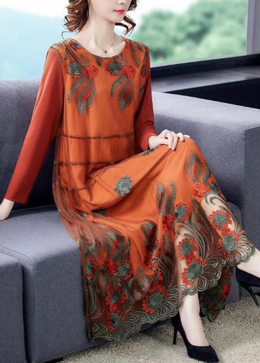 Art Orange Oversized Embroideried Tulle Holiday Dress Spring LC0097 - fabuloryshop