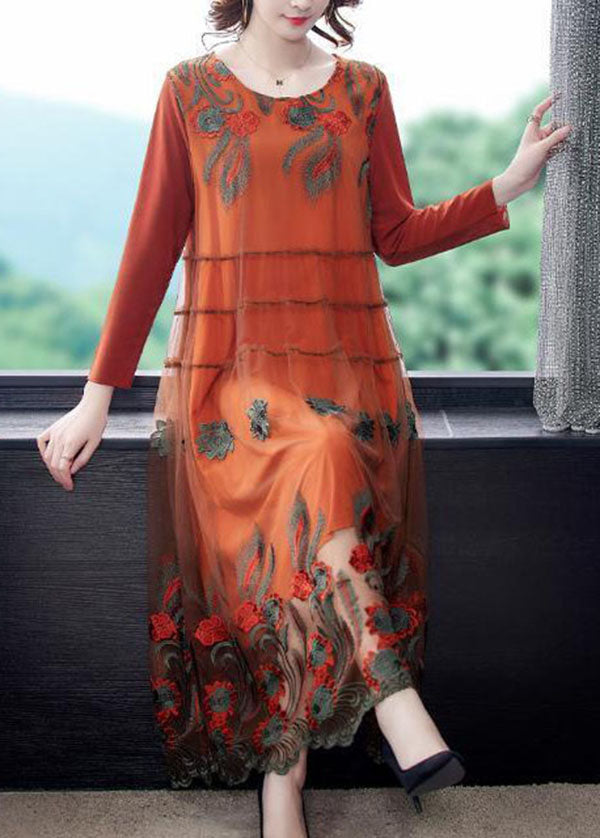 Art Orange Oversized Embroideried Tulle Holiday Dress Spring LC0097 - fabuloryshop