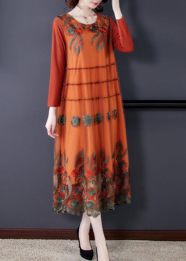 Art Orange Oversized Embroideried Tulle Holiday Dress Spring LC0097 - fabuloryshop