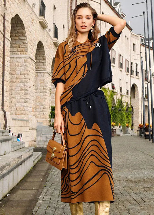 Art Orange Print Wool Knit Hooded Top And Skirts Two Pieces Set Fall Ada Fashion