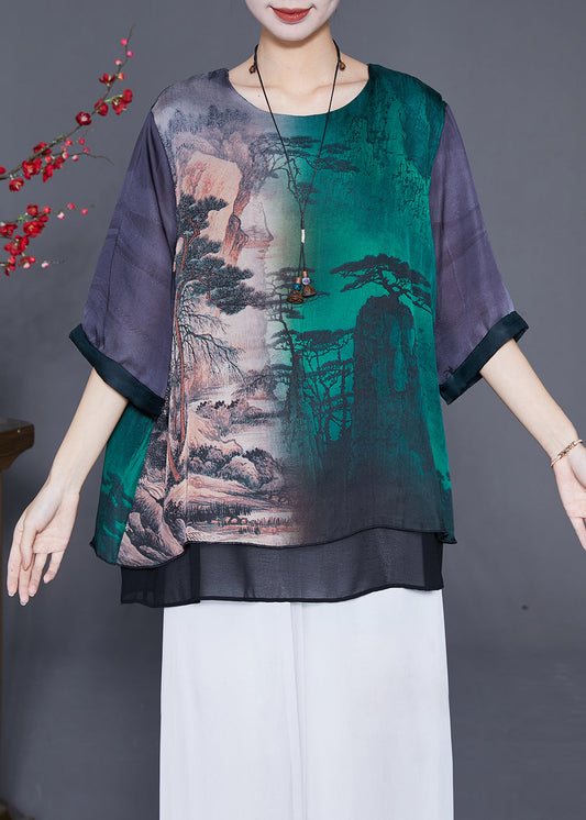 Art Oversized Patchwork Landscape Painting Silk Shirt Half Sleeve Ada Fashion