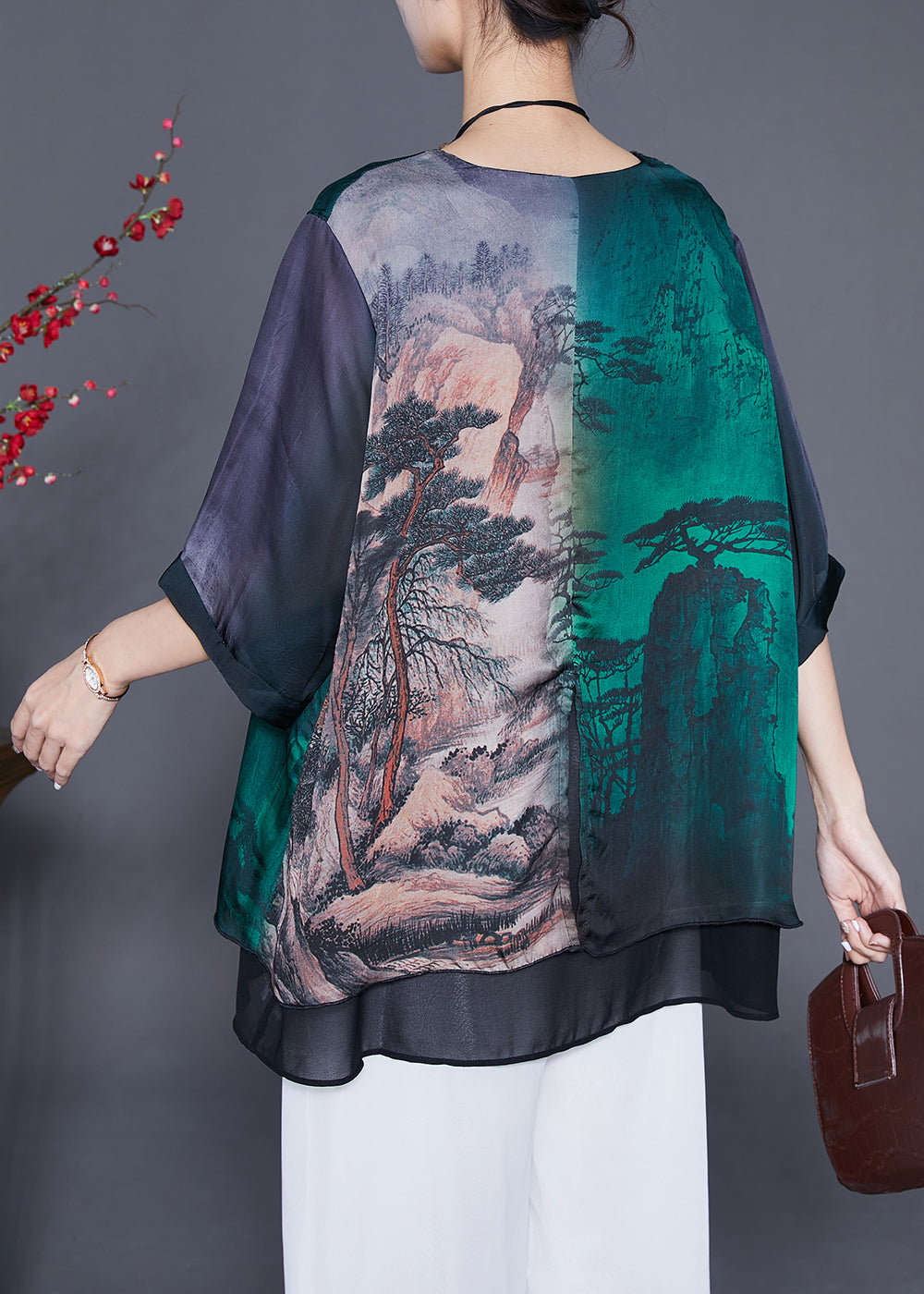 Art Oversized Patchwork Landscape Painting Silk Shirt Half Sleeve Ada Fashion