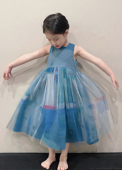 Art Peacock Blue O Neck Wrinkled Patchwork Tulle Kids Girls Long Dress Sleeveless LY6471 Ada Fashion