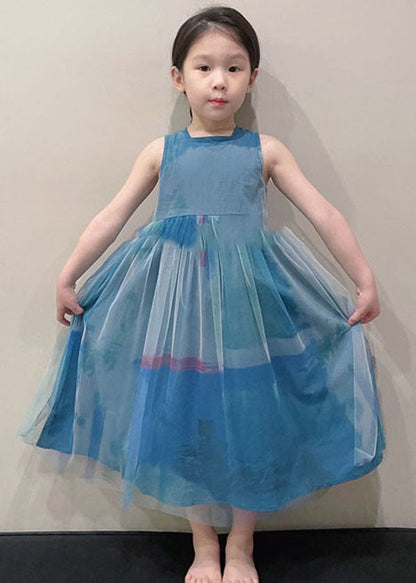 Art Peacock Blue O Neck Wrinkled Patchwork Tulle Kids Girls Long Dress Sleeveless LY6471 Ada Fashion