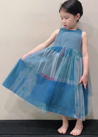 Art Peacock Blue O Neck Wrinkled Patchwork Tulle Kids Girls Long Dress Sleeveless LY6471 Ada Fashion