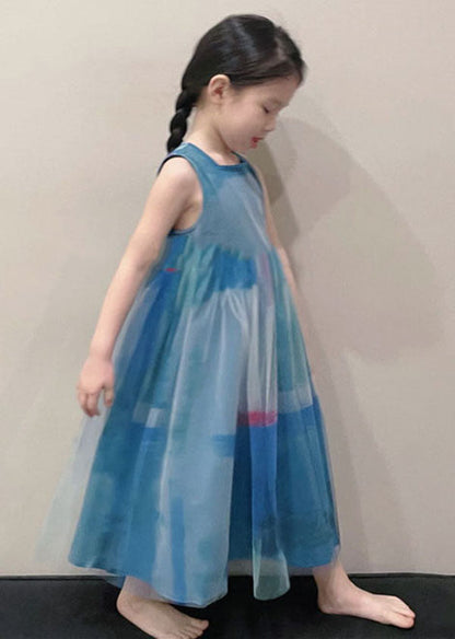 Art Peacock Blue O Neck Wrinkled Patchwork Tulle Kids Girls Long Dress Sleeveless LY6471 Ada Fashion