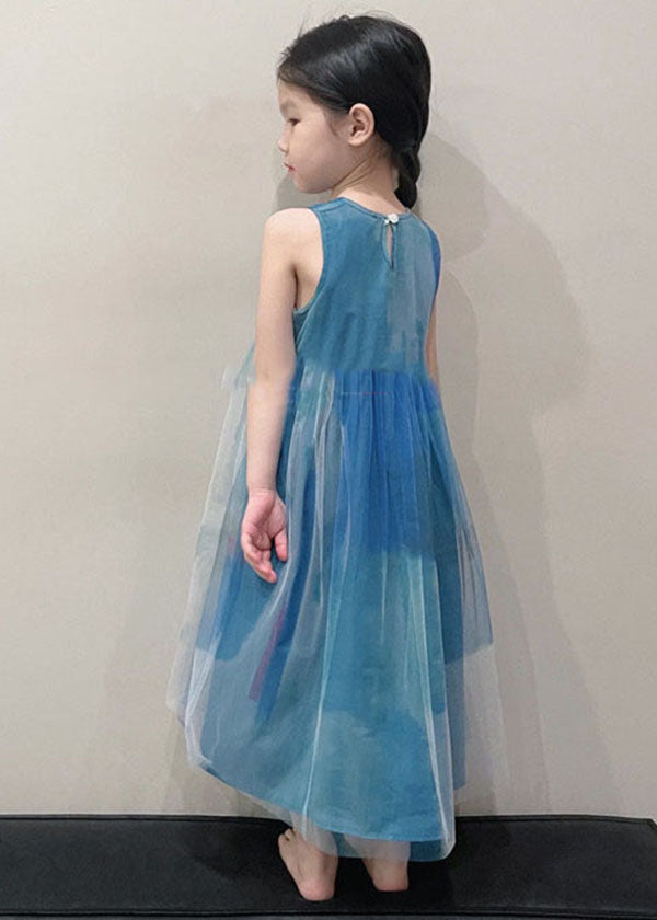 Art Peacock Blue O Neck Wrinkled Patchwork Tulle Kids Girls Long Dress Sleeveless LY6471 Ada Fashion