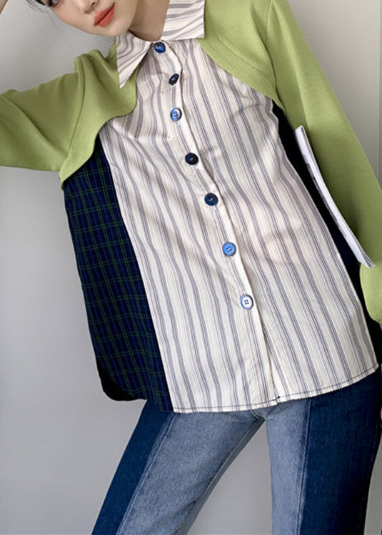 Art Peter Pan Collar Striped Patchwork Button Shirts Long Sleeve LY0799 - fabuloryshop