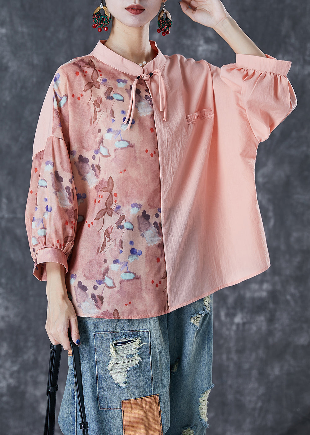 Art Pink Asymmetrical Patchwork Print Linen Blouse Top Bracelet Sleeve Ada Fashion