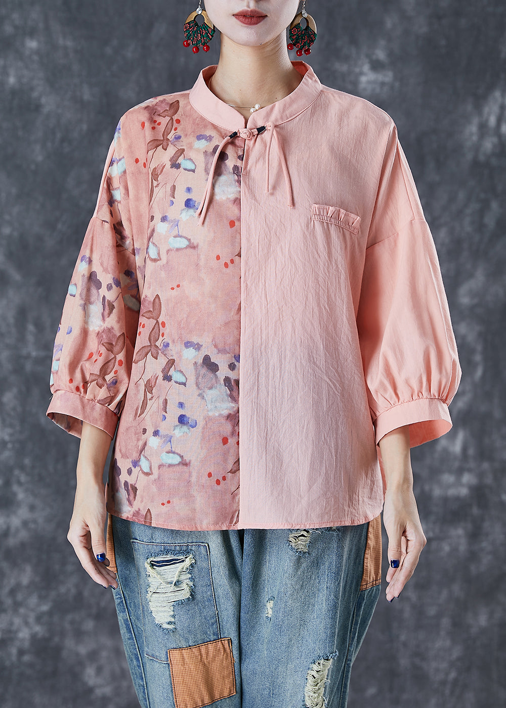 Art Pink Asymmetrical Patchwork Print Linen Blouse Top Bracelet Sleeve Ada Fashion