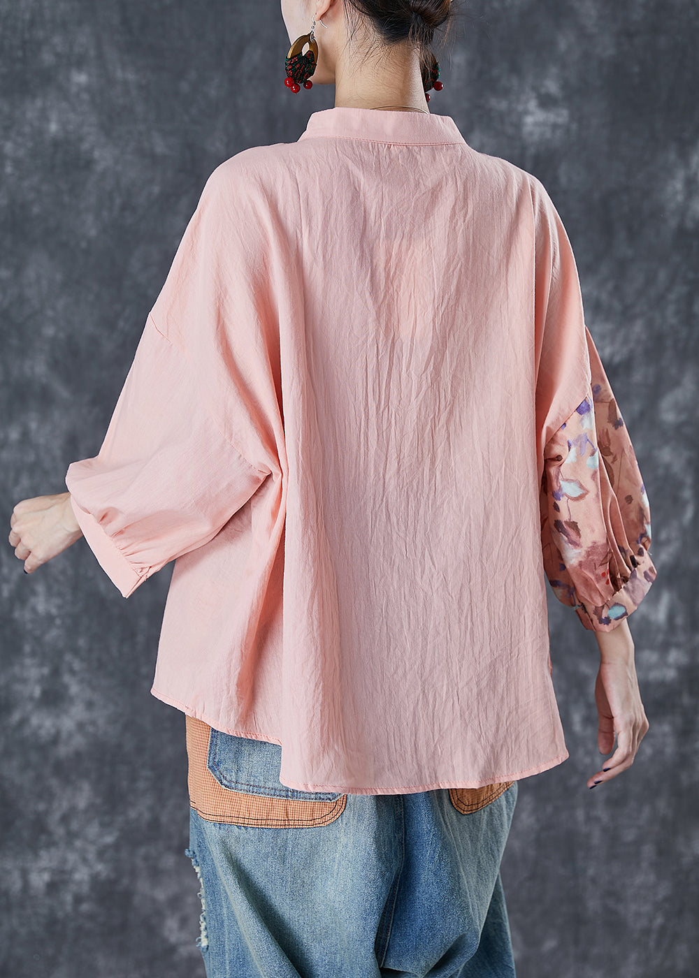 Art Pink Asymmetrical Patchwork Print Linen Blouse Top Bracelet Sleeve Ada Fashion