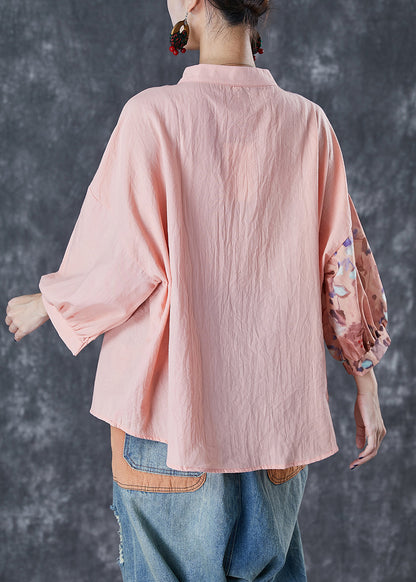 Art Pink Asymmetrical Patchwork Print Linen Blouse Top Bracelet Sleeve Ada Fashion