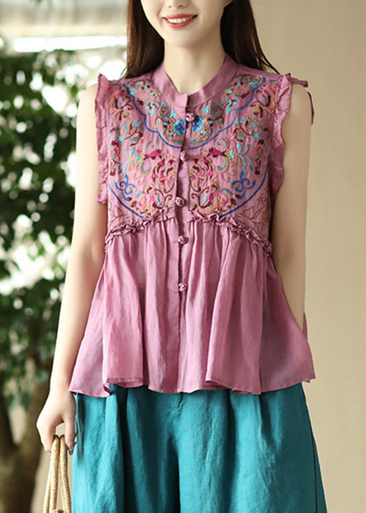 Art Pink Embroideried Floral Ramie Shirts Sleeveless LY5068 - fabuloryshop