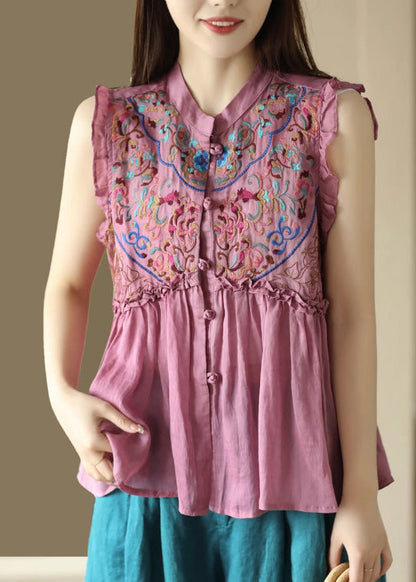 Art Pink Embroideried Floral Ramie Shirts Sleeveless LY5068 - fabuloryshop