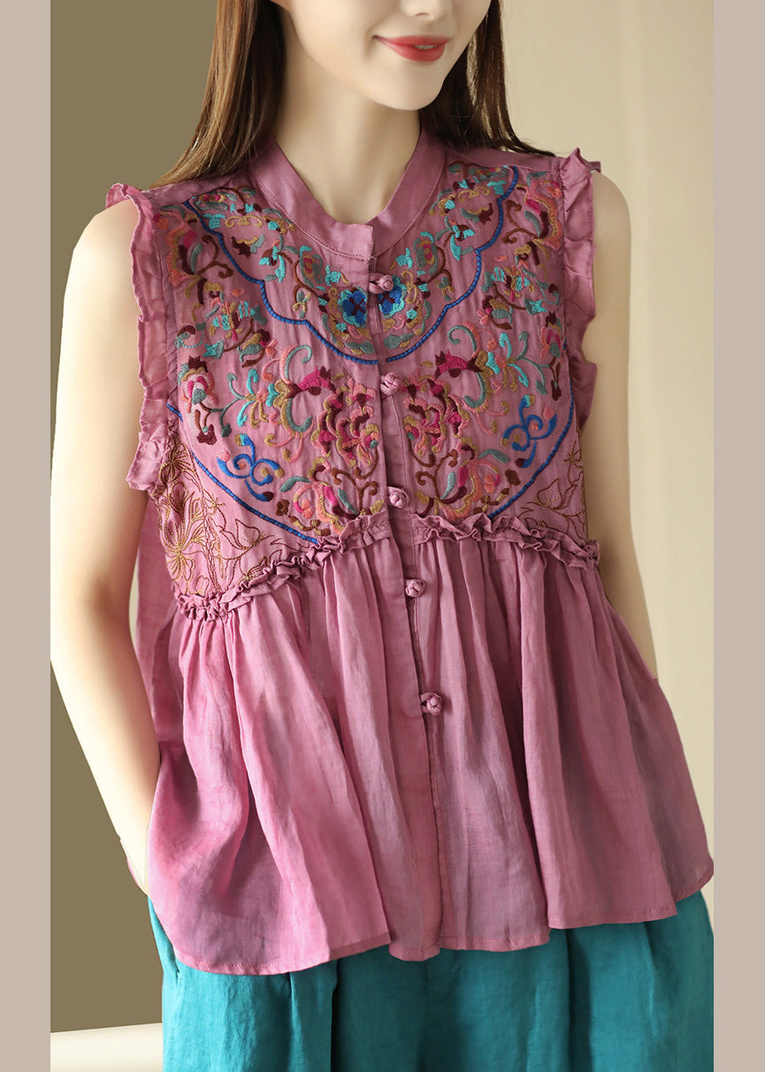 Art Pink Embroideried Floral Ramie Shirts Sleeveless LY5068 - fabuloryshop