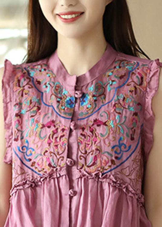 Art Pink Embroideried Floral Ramie Shirts Sleeveless LY5068 - fabuloryshop