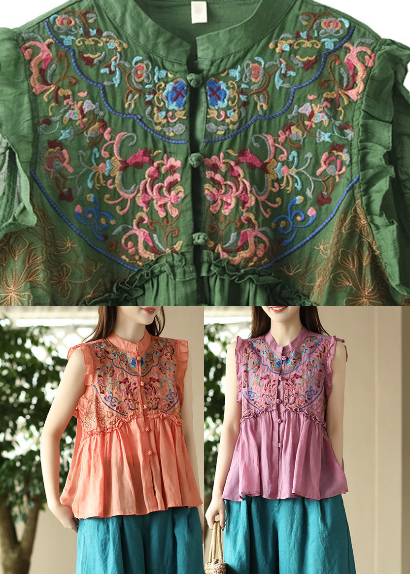 Art Pink Embroideried Floral Ramie Shirts Sleeveless LY5068 - fabuloryshop