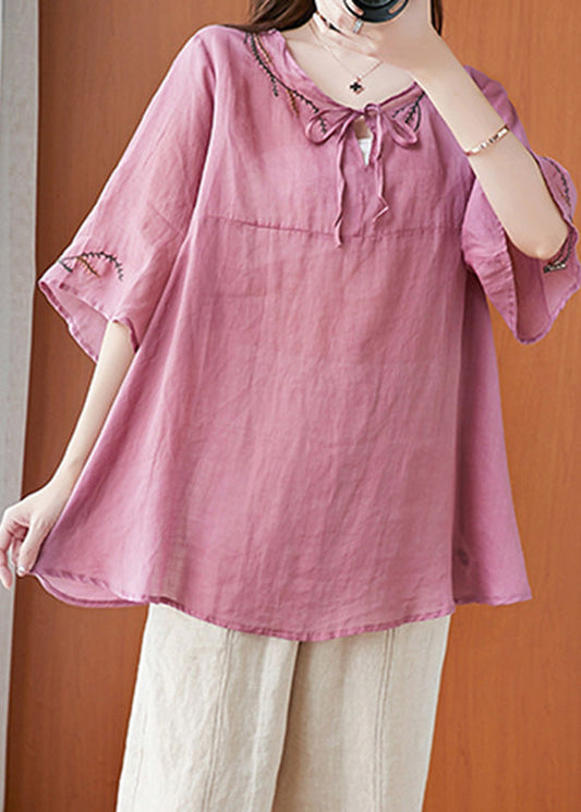 Art Pink Embroideried T Shirt Summer Half Sleeve LY6215 - fabuloryshop