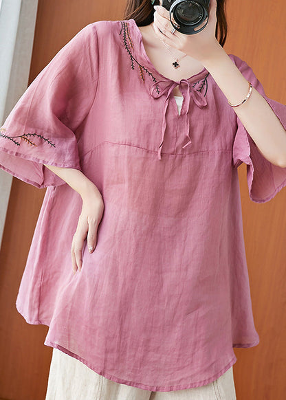 Art Pink Embroideried T Shirt Summer Half Sleeve LY6215 - fabuloryshop