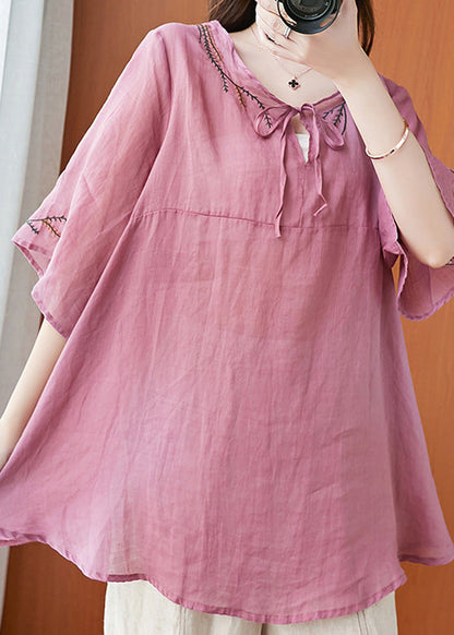 Art Pink Embroideried T Shirt Summer Half Sleeve LY6215 - fabuloryshop