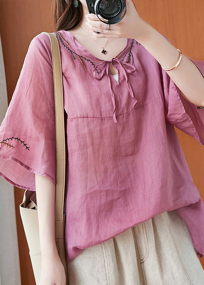 Art Pink Embroideried T Shirt Summer Half Sleeve LY6215 - fabuloryshop