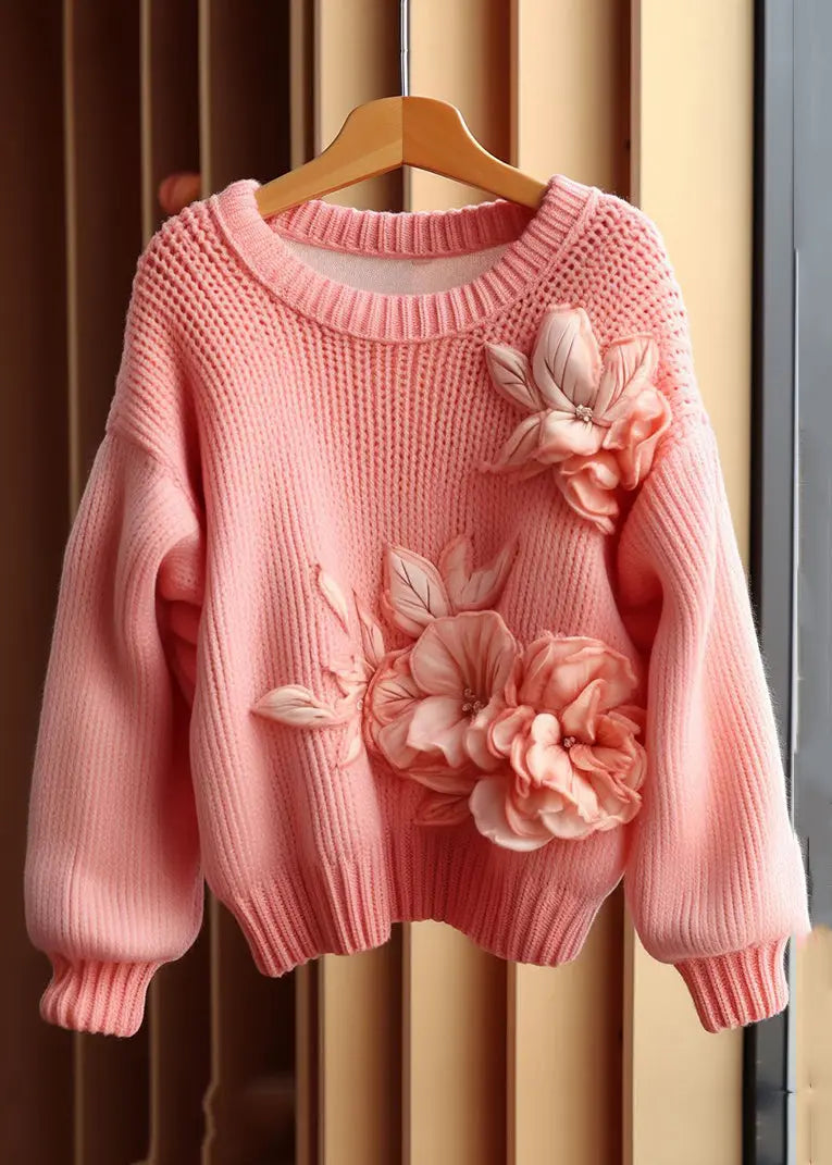 Art Pink Floral  Cozy Cotton Knit Sweaters Long Sleeve Ada Fashion