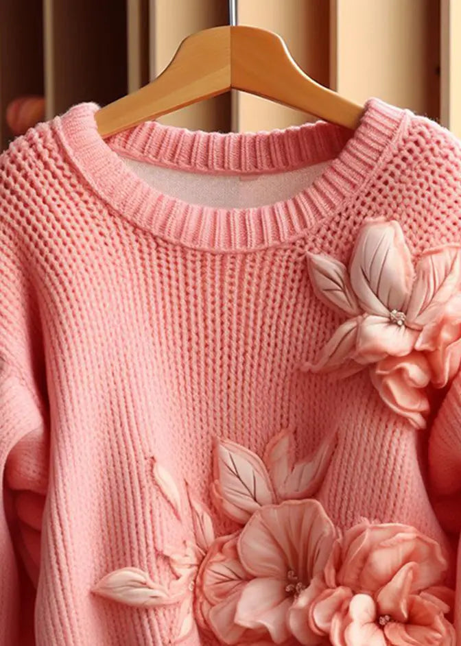 Art Pink Floral  Cozy Cotton Knit Sweaters Long Sleeve Ada Fashion