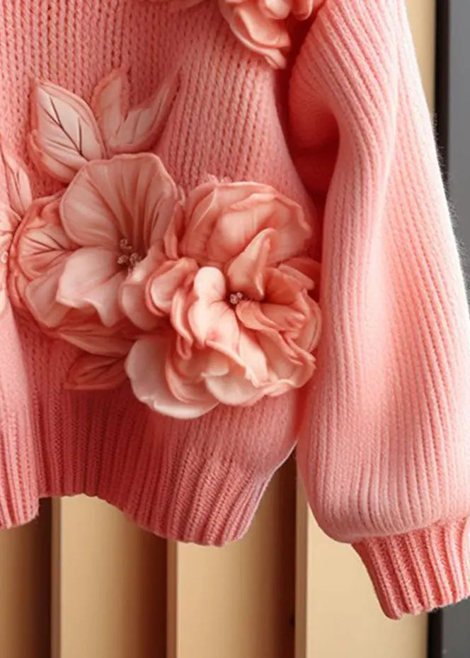 Art Pink Floral  Cozy Cotton Knit Sweaters Long Sleeve Ada Fashion