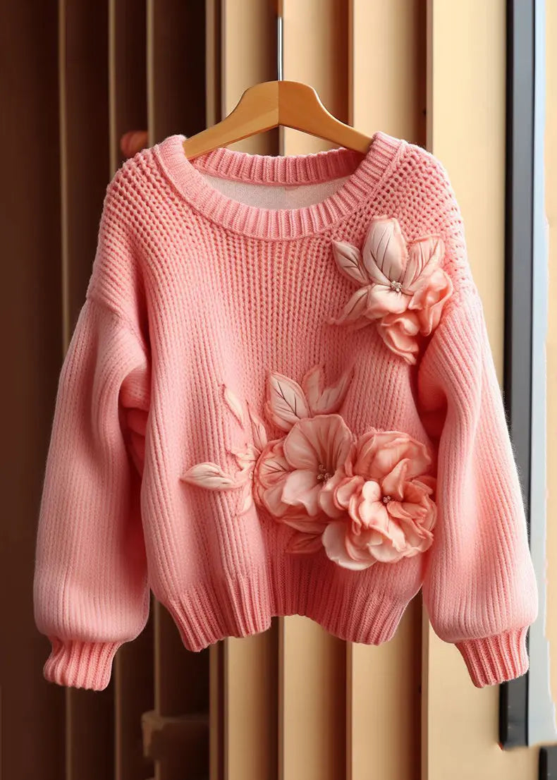 Art Pink Floral  Cozy Cotton Knit Sweaters Long Sleeve Ada Fashion