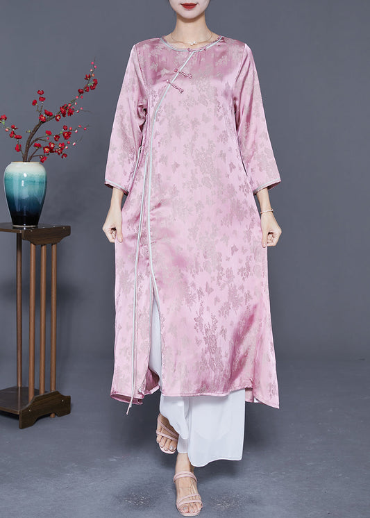 Art Pink Jacquard Side Open Lace Up Silk Oriental Long Dresses Summer LY5408 - fabuloryshop