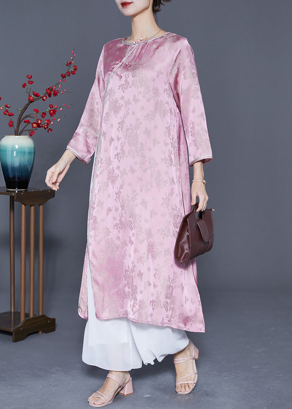 Art Pink Jacquard Side Open Lace Up Silk Oriental Long Dresses Summer LY5408 - fabuloryshop