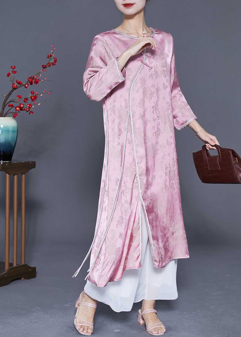 Art Pink Jacquard Side Open Lace Up Silk Oriental Long Dresses Summer LY5408 - fabuloryshop